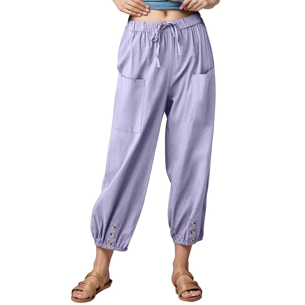 Women's Fashionable Color Cotton Linen Elastic Waist Decorative Casual Pants With Pockets