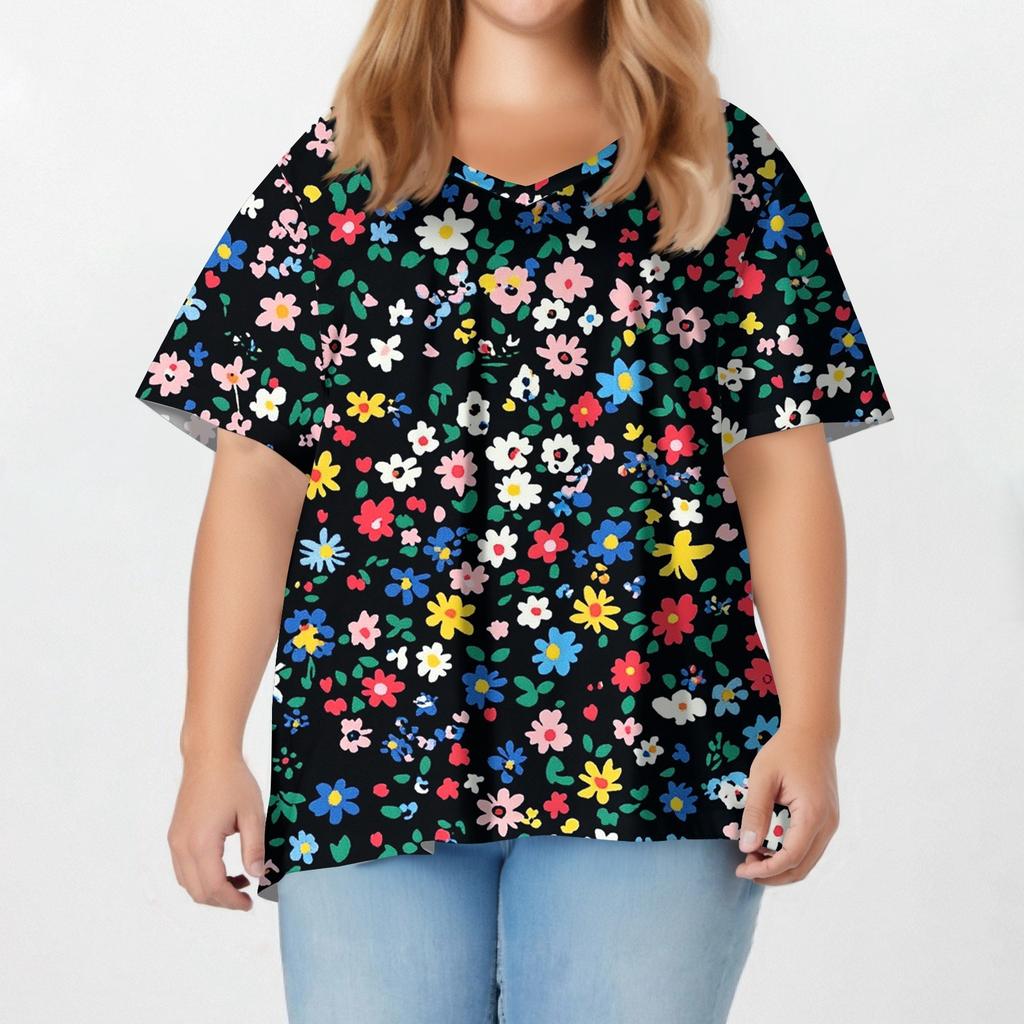 Damenmode Lässig V-Ausschnitt Pullover Kurzarm Übergröße Bedrucktes T-Shirt Top