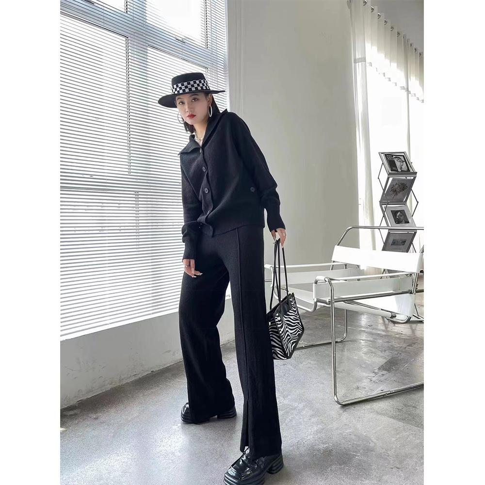 

Вязаный костюм одного размера, женский кардиган, свитер, широкие брюки, комплект из двух предметов One Size чёрный