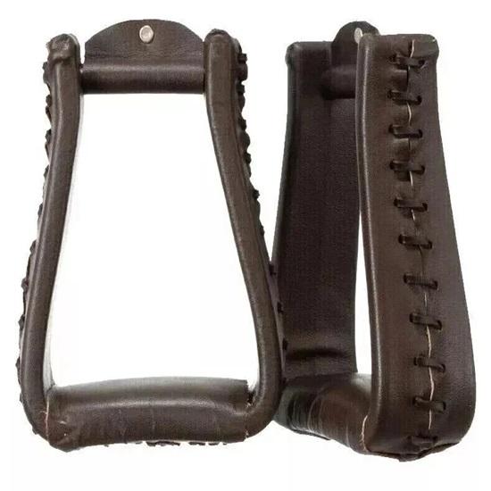 Western Stirrups Saddle Tack Handmade Black Leather Covered Pair .