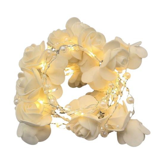 

String Lights with White Roses And Faux Pearls Portable Fairy Lights for Bedroom Soft Lighting Decorative String Light for Party Holiday Wedding теплим білим кольором