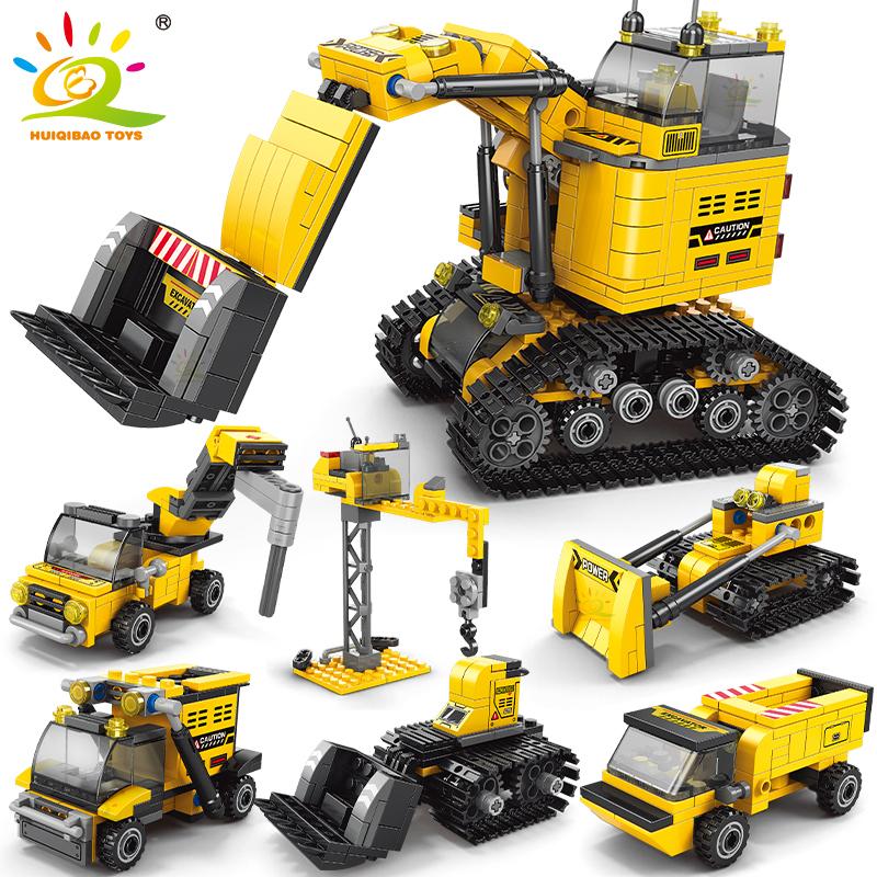 Non-Toxic 535Pcs 6In1 Engineering Truck Building Blocks City Construction Bulldozer Crane Car Bricks Set For Children Toys Kids