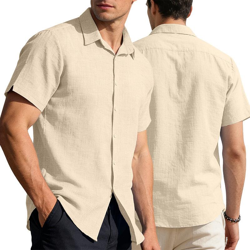 

Men s cardigan button-down short-sleeved shirt Hawaiian solid color lapel casual business shirt S хаки