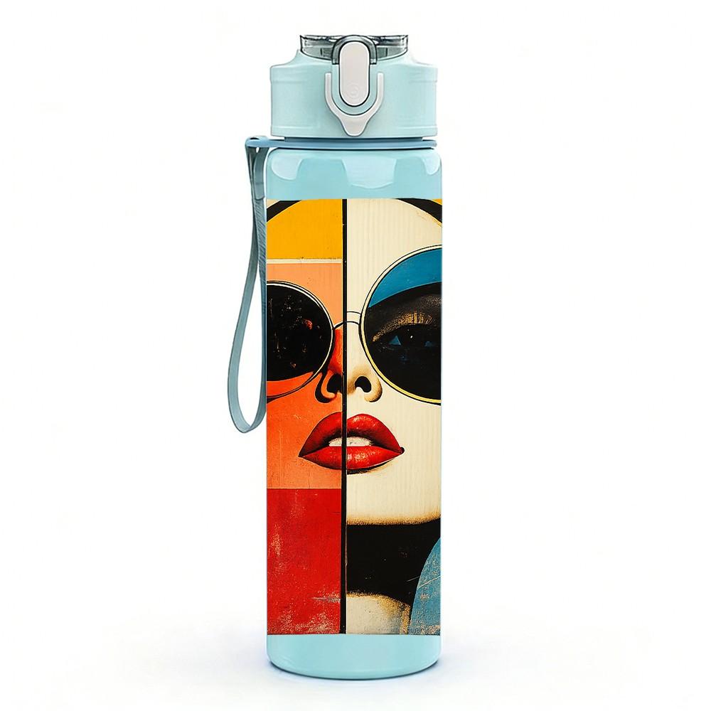 1PC Fashion Lady Sunglasses Split Print 750ml Color Plastic Sports Water Bottle Leakproof Flip Straw Lid Suitable for Sports Office Home Use