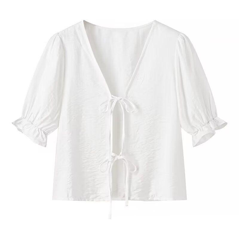 

Kaslead New Arrival Women s Fashion Style Fashion Minimalist Pure Color Casual All-Match Short-Sleeved Shoelace Shirt White L