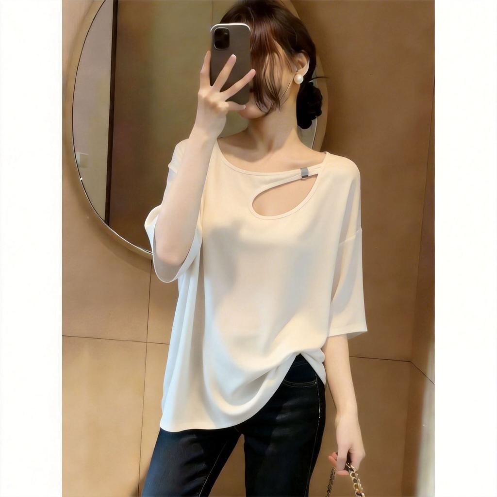 Women's Crew Neck Cutout Shoulder Mid-Sleeve Blouse, Loose Flowy Casual Cream Top