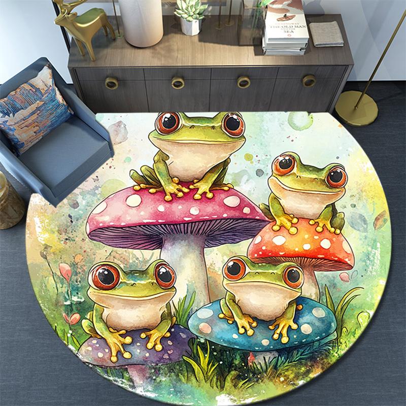 Frog Toad Mushroom Round Area Rug,Carpet Rug for Living Room Bedroom Sofa Playroom Decor,Non-slip Floor Mat