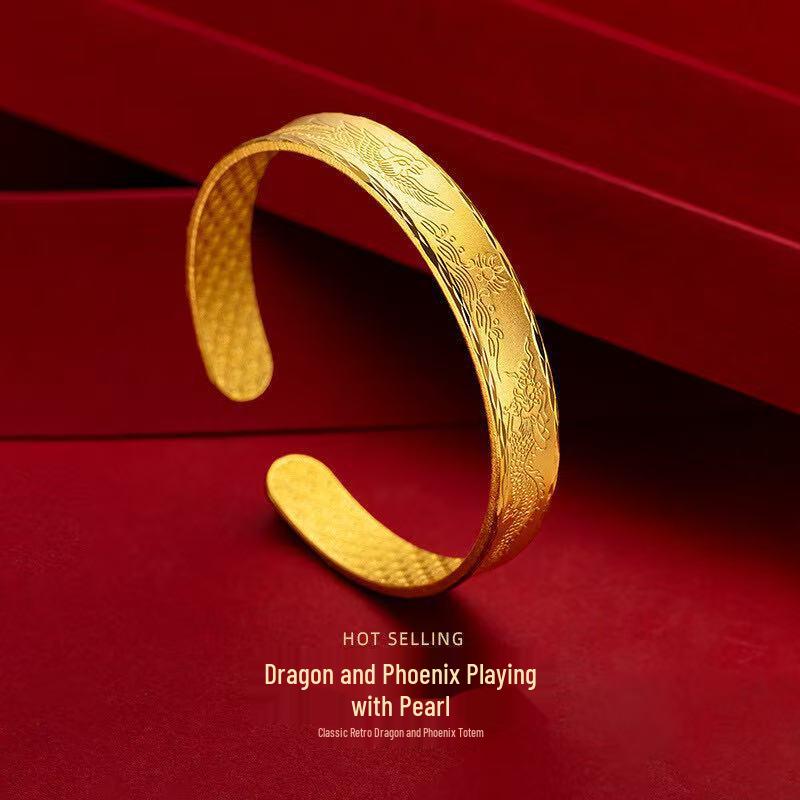Gold-Plated Dragon & Phoenix Bangle - Women's Simulated Gold High-End Wedding Jewelry