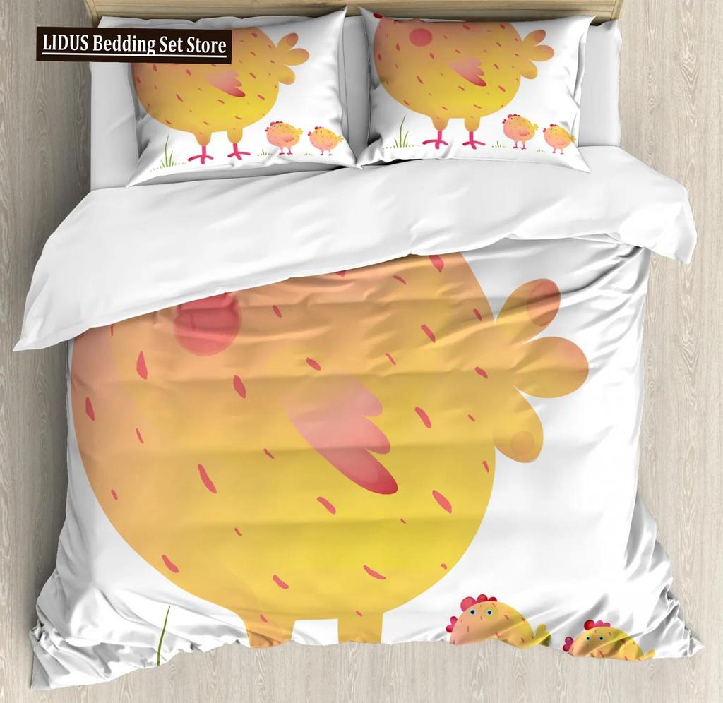 Chicken Duvet Cover King Queen Size Lovely Hen Pattern Bedding Set Kids Teens Adults Farm Animals Soft Polyester Comforter Cover