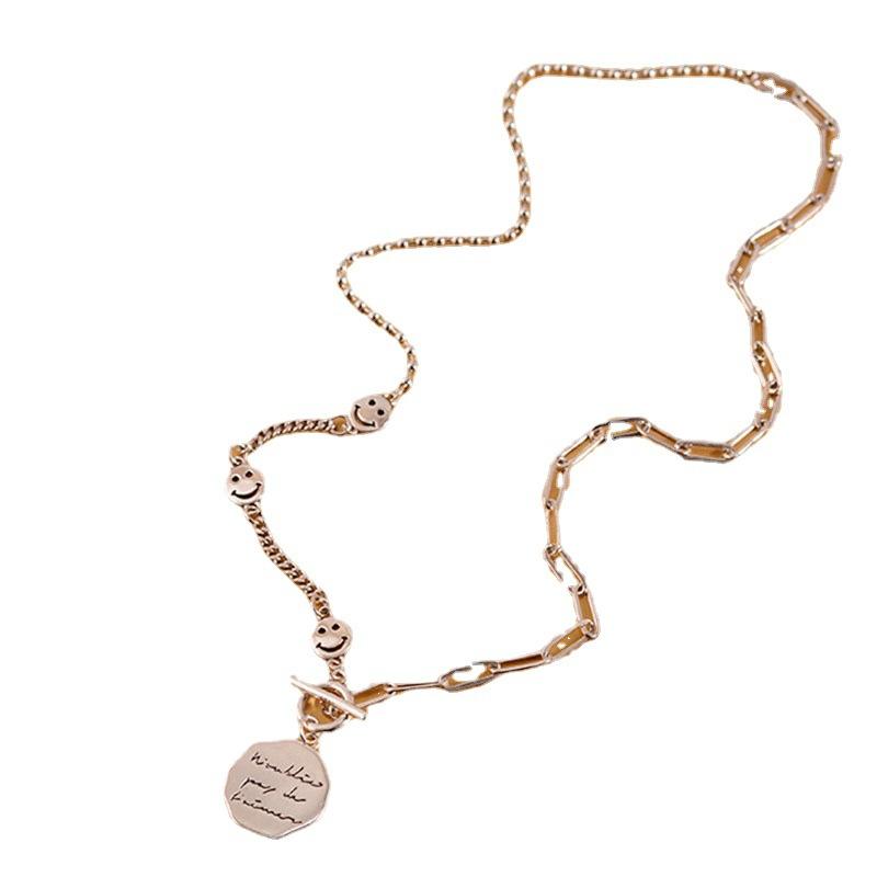 Thai Silver Square Brand Ot Buckle Versatile Hip-Hop Smiley Face Necklace Female Simple Sweet Cool Wind Sweater Chain