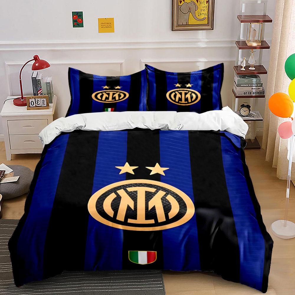 Blau-schwarze Streifen, Inter Mailand Logo. Bettwäsche-Sets Bettbezug-Sets Bettbezüge Kissenbezüge(1 * Bettbezug 2 * Kissenbezüge ohne Bettdecke) 155x200cm