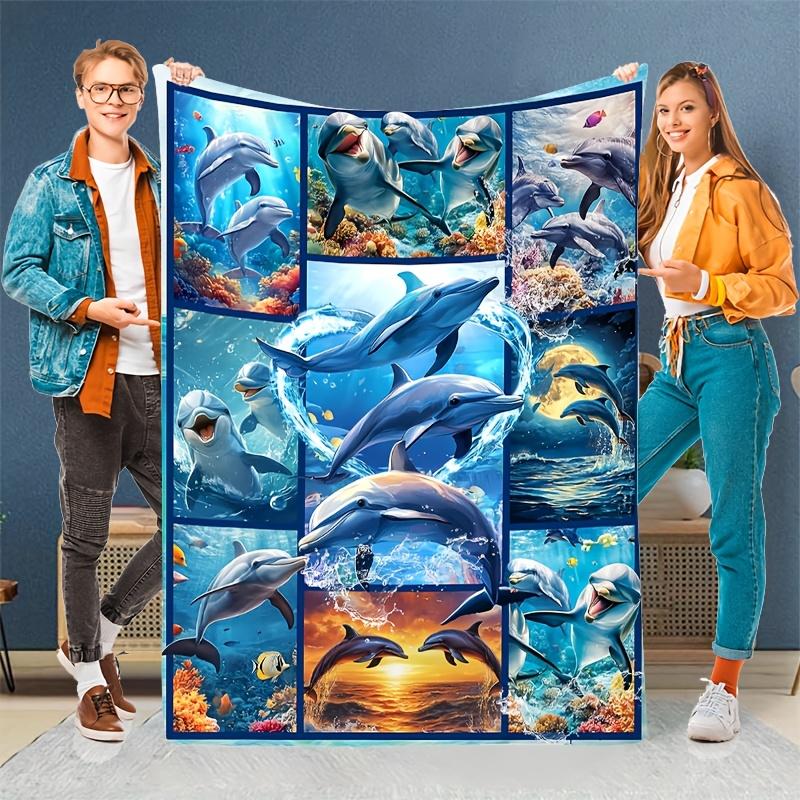 

1pc Wide Ocean Lively Cute Dolphin Patchwork Theme Pattern Print Flannel Blanket, Fashionable, Soft and Warm, Suitable for All Seasons Multi 150x200cm