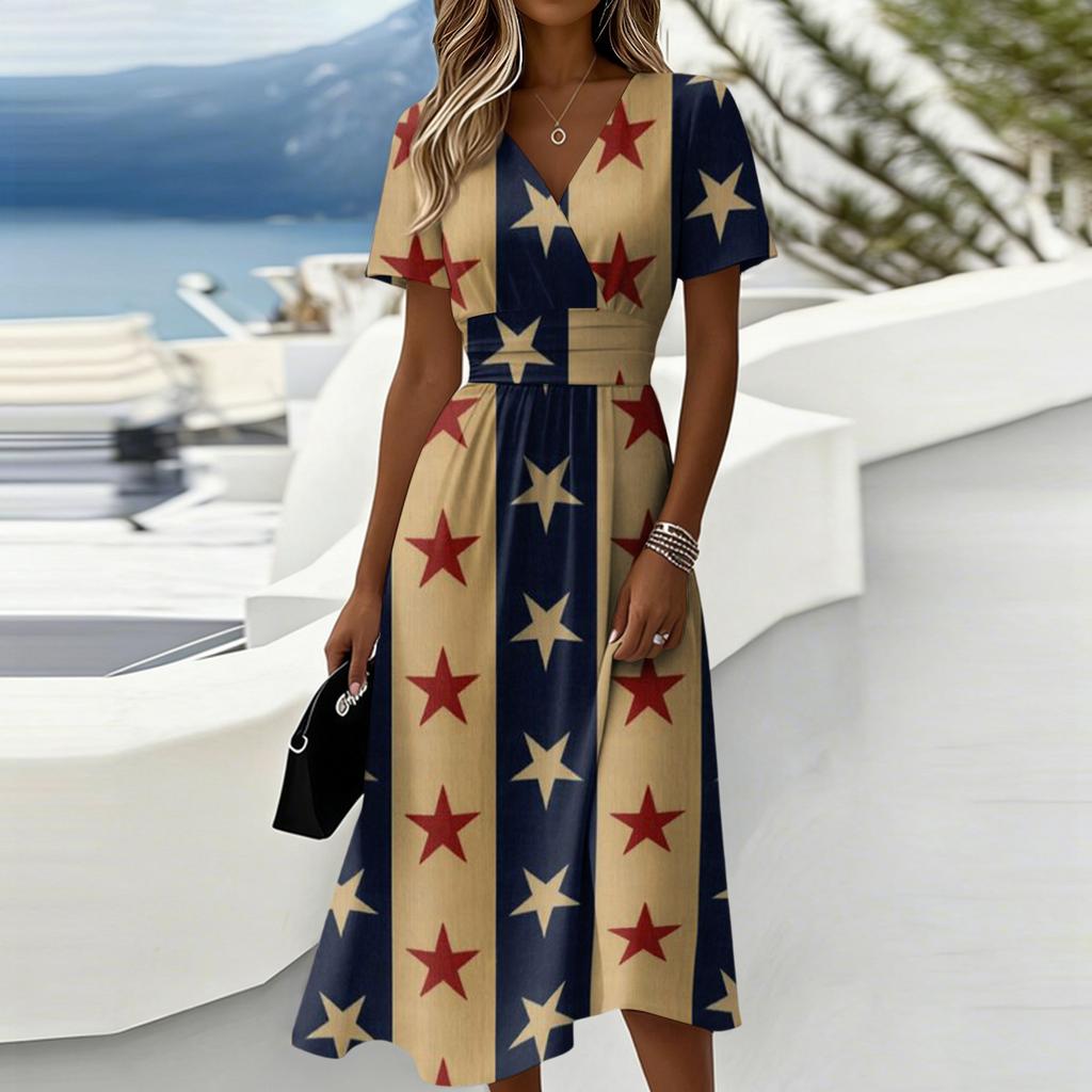Women's Independence Day Print Casual Fashion Short Sleeve V-Neck Dress