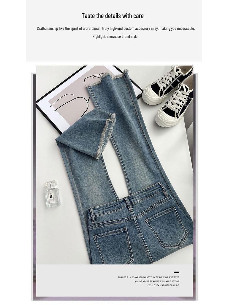 Women's High Waist American-Style Retro Flared Jeans - Elastic Slim Straight Horseshoe Trousers with Raw Edge Finish