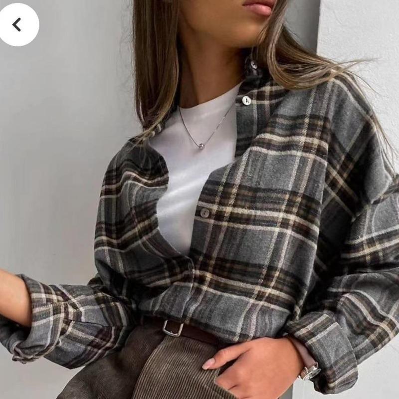 DAFIFY  Women's Fashion Casual Spring Autumn Plaid Print Long Sleeve POLO Neck Blouses & Shirts