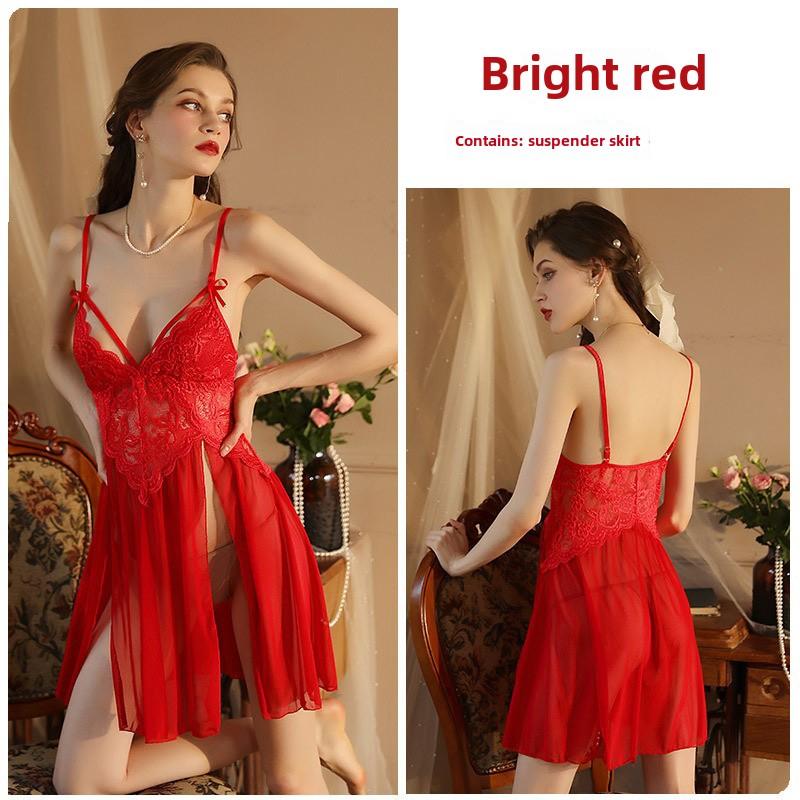 Sexy sukně na šle s průhlednými pyžamy s bočním rozparkem, roztomilou mašlí a síťovanou noční košilkou