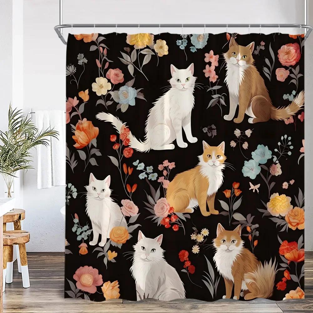 Funny Cat Shower Curtain Cat Riding Shark Dinosaur Flower Floral Polyester Bathtub Curtain Space Planet Bathroom Decor with Hook