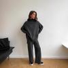 2025 Women's High Neck Wool Sweater & Slit Pants Set – European & American Loose Casual Two-Piece