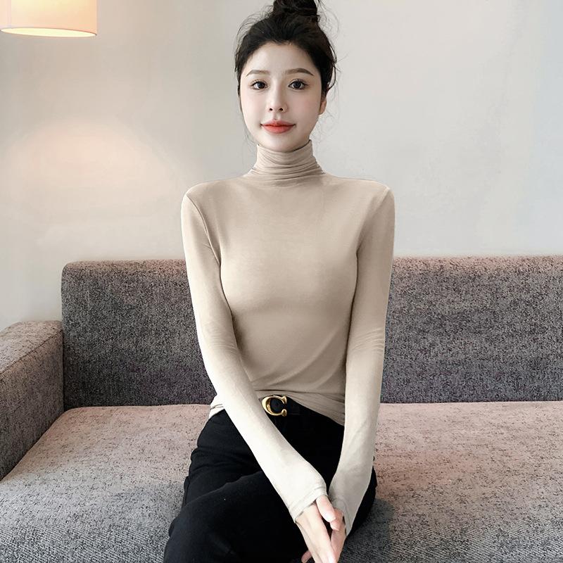 Women's Turtleneck Base Layer Top Long Sleeve for Spring and Autumn Inner Wear with Pile Collar Tight Fit Elegant Slim Fit Underwear