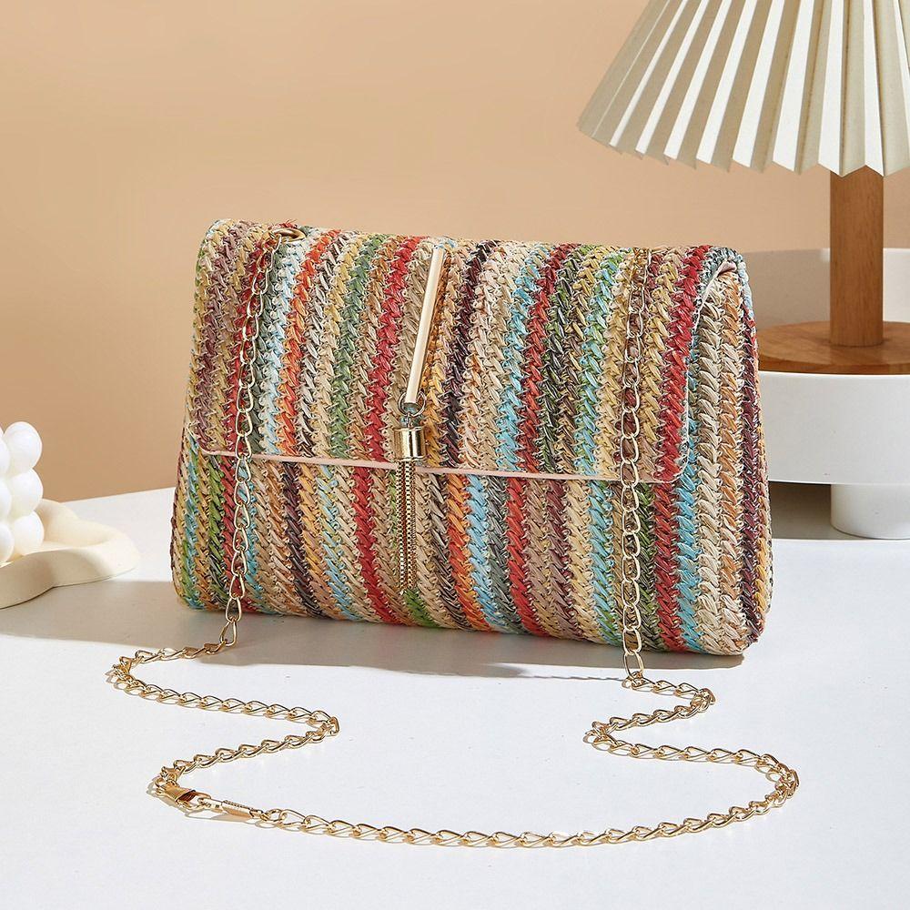 Portable Straw Shoulder Bag Colorful Stripe Rainbow Handbag Fashion Clutch Bag  Girls
