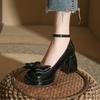 Bow Mary Jane Shoes Women's Round Head 2025 New Thick Heel Thick Sole Japanese Small One-word Buckle with High Heels