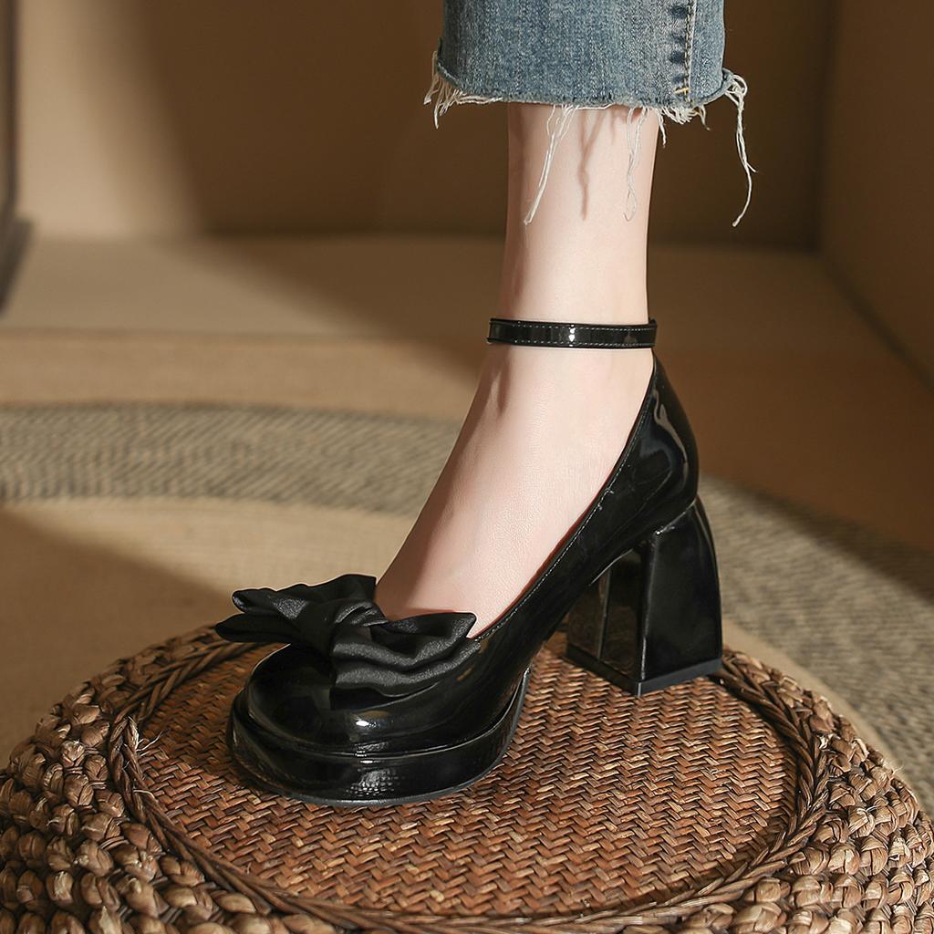 Bow Mary Jane Shoes Women's Round Head 2025 New Thick Heel Thick Sole Japanese Small One-word Buckle with High Heels
