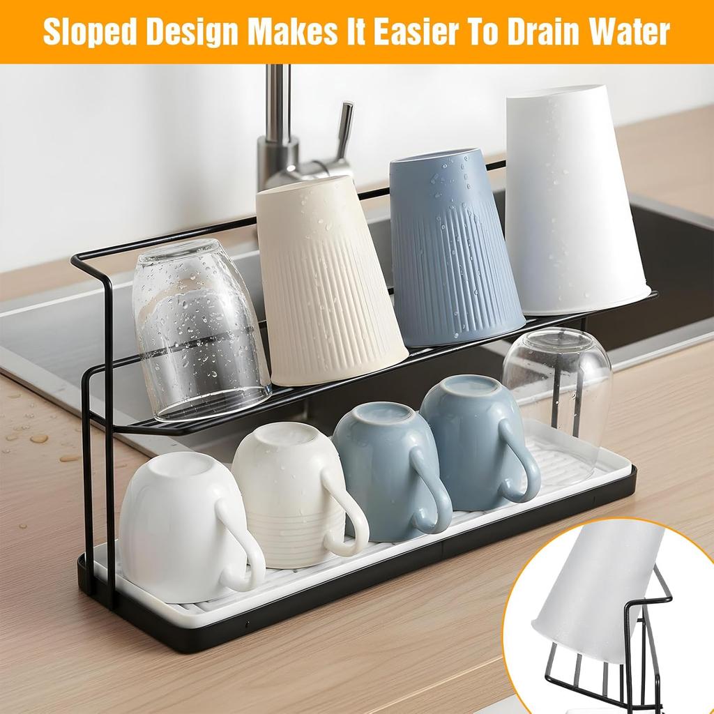 2-Tier Cup Mug  Drying Rack Kitchen Countertop Drainer with Drainboard Utensil Holder Rust-Proof Dish Mug Drying Storage Shelf