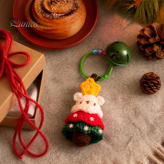 Santa Claus Key Ring Yarn Crochet Christmas Keychain with Bell, Handmade Tree Hat Glove Wreath Small Holiday Keepsake Pendant, Bag Charm Accessory for