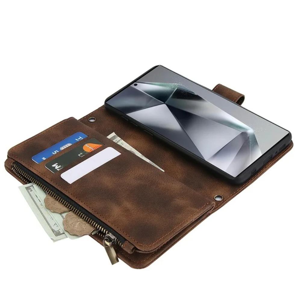 Luxury Leather Phone Case for Samsung Galaxy S26 Ultra S25 Edge S24 Plus S23 FE S22 S21 S20 Note 20 Hand Strap Card Wallet Cover