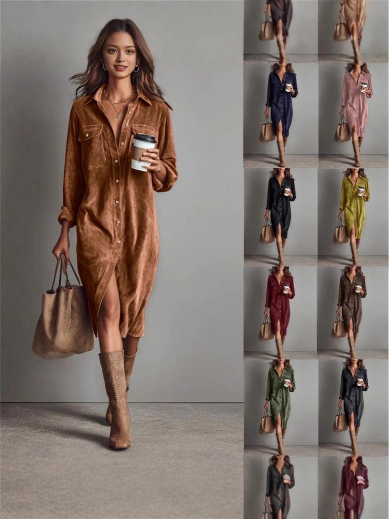 Corduroy Long-Sleeve Dress: Europe & America Fashion Trend Loose Lapel Shirt Skirt