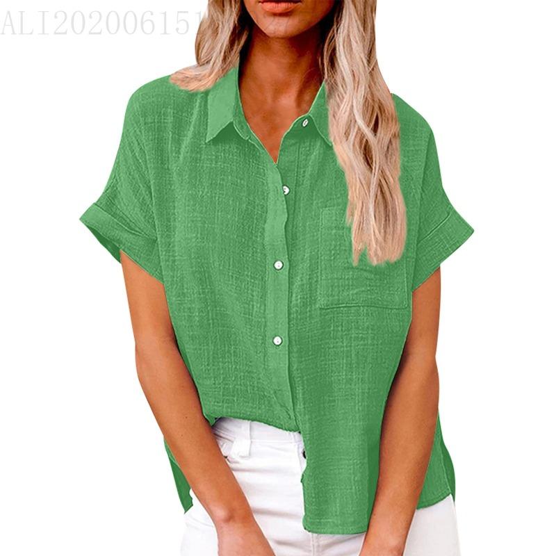 Fashion Short Sleeved Casual Women Summer Shirt Plus Size Elegant Lapel Casual Office Blouse Woman Loose Solid Color Women's Clothing