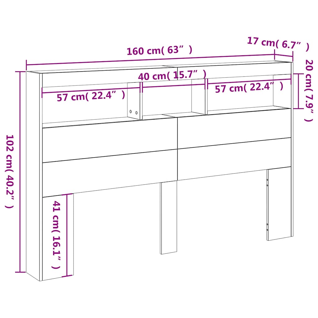 LED Headboard with Shelves Black 160 x 17 x 102 cm