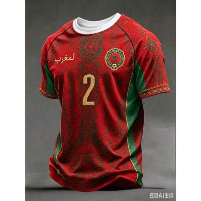 NEW Morocco Team Soccer Jersey Red Green Raglan Sleeve  3D PRINT Short Sleeve Football Shirt Unisex Fan Training Sports Tee Top
