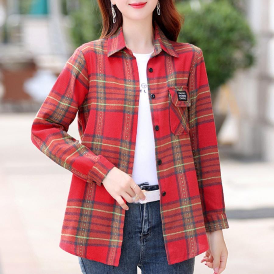 Kariertes Langarm-Baumwollhemd für Damen Modische Mutter mittleren Alters Frühling Sommer Trendig Lässige Karoblusen Oberteil