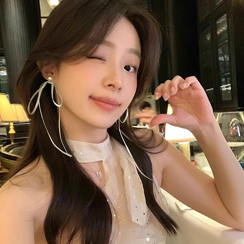 Korean Style Sweet Fresh Ribbon Bowknot Charm Stud Earrings Pearl Heart Dangle Ear Buckles For Girl Ballet Ear Jewelry