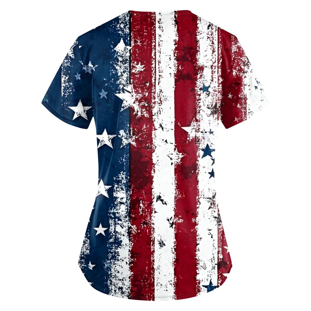 Women's Independence Day Printed Loose V-Neck Pocket Short-Sleeve Caregiver/Uniform