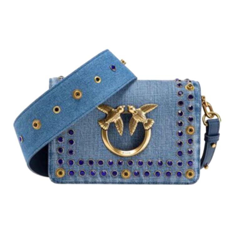 New PINKO Cotton With Cow Leather Bird Bag, Swallow Bag, Crossbody Bag, Shoulder Bag Women's Denim Blue 100067-A0NK-H5UQ