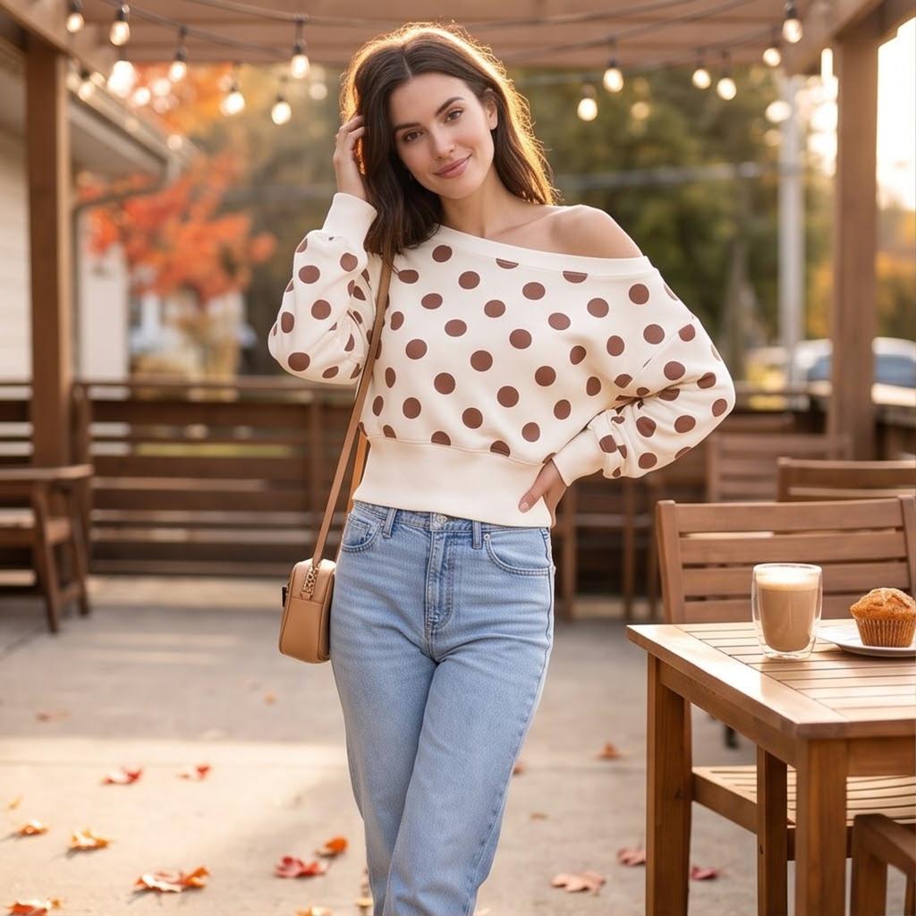 Damen Polka Dot Schulterfreies Sweatshirt Langarm Lockerer Schnitt Lässiges Oberteil