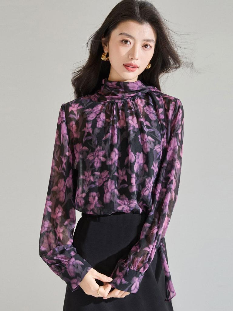 Spring 2026 Elegant French Drape Collar Shirt with Floral Print Crepe