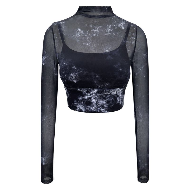 

Print Blooming Mesh Yarn False Two Pieces Patchwork Long Sleeves Shockproof Fixing One-Piece Cup Pilates Yoga Clothing Top T-shirt Xuan Yu Black Long sleeves XL