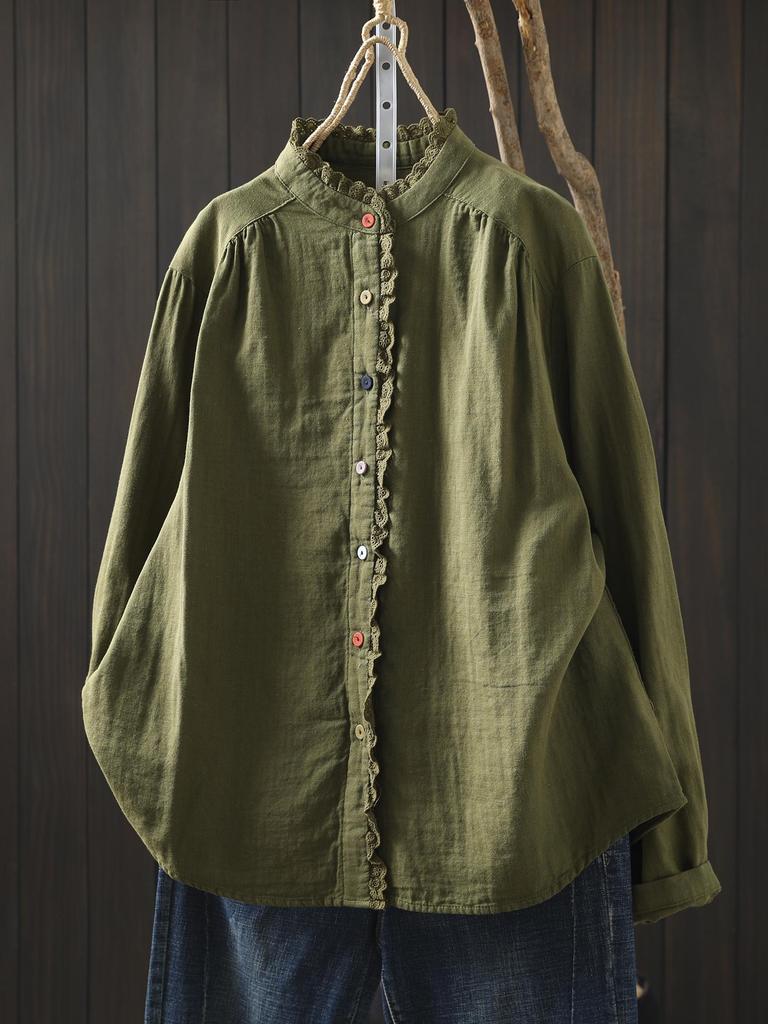 2026 Spring Lace Button Women's Double Layer Cotton Gauze White Shirt - Versatile & Age-Reducing