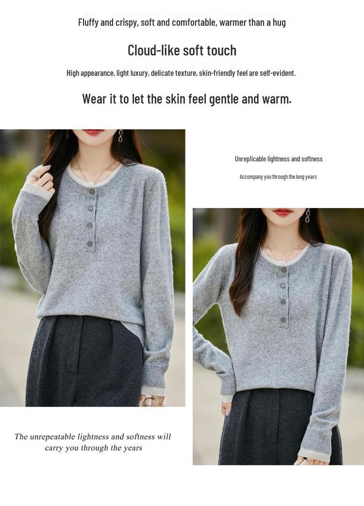 Women's Retro Color Block 100% Wool Round Neck Sweater - Slimming, Versatile, Stylish Knitwear for Autumn/Winter