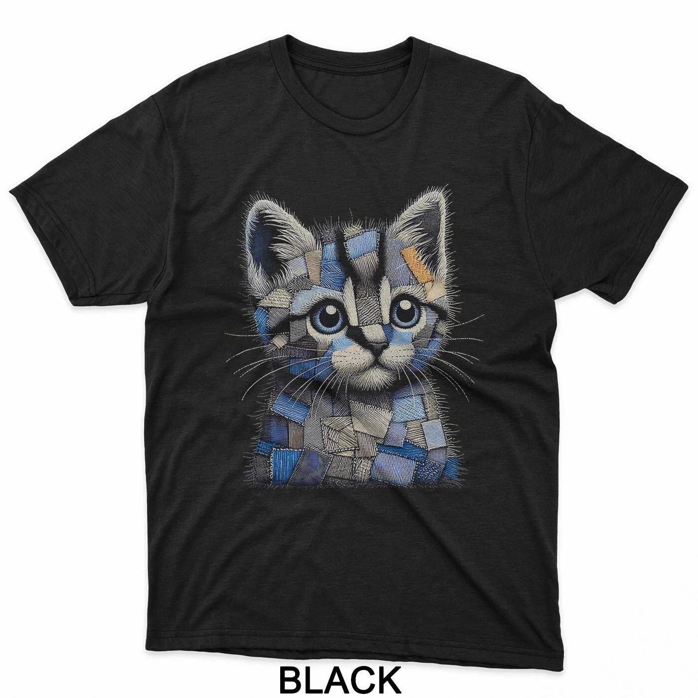 Retro funny denim patch animal Cat print T-Shirt 4XL