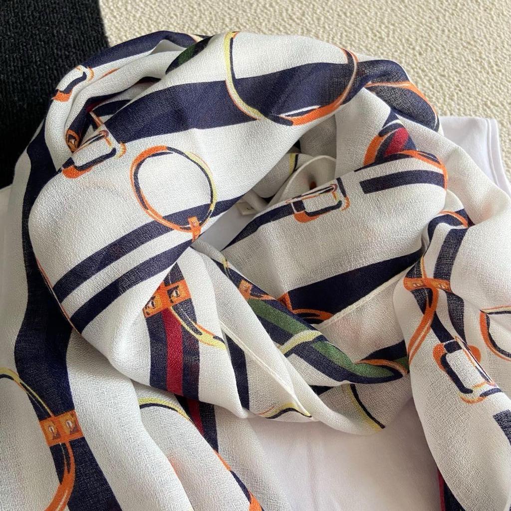 Used Imported large stole, long scarf, multicolor, belt pattern, large shawl, scarf, UV cut