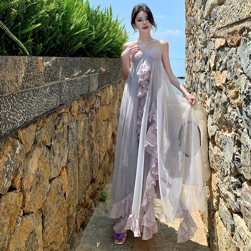 

Spice girl purple tube top dress skirt women s summer lotus leaf edge chiffon beach seaside vacation mesh suspender skirt S
