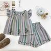 Girls Summer Striped Embroidered Flower Vest And Lace Trim Shorts Casual Two Piece Set