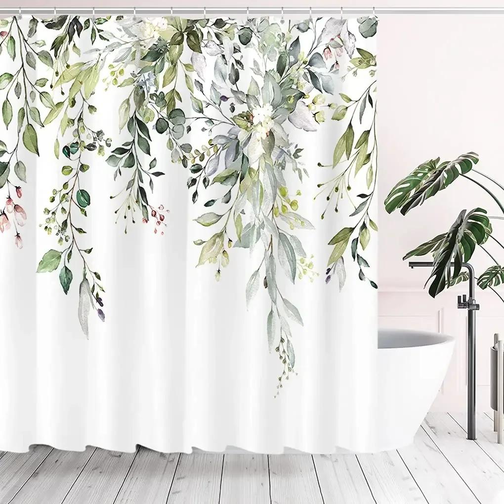 Pianta con Foglie Verdi Tropicali su Sfondo Bianco Tende da Doccia Inodore per Bagno Docce e Vasche da Bagno Decor con Ganci