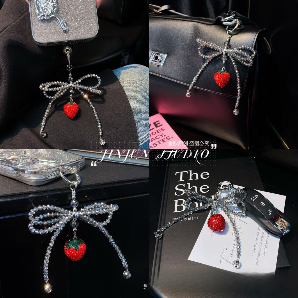 Phone Pendant Crystal Bowknot Rhinestone Strawberry Pendant Bag Pendant Car Keychain High-end Hanging Chain