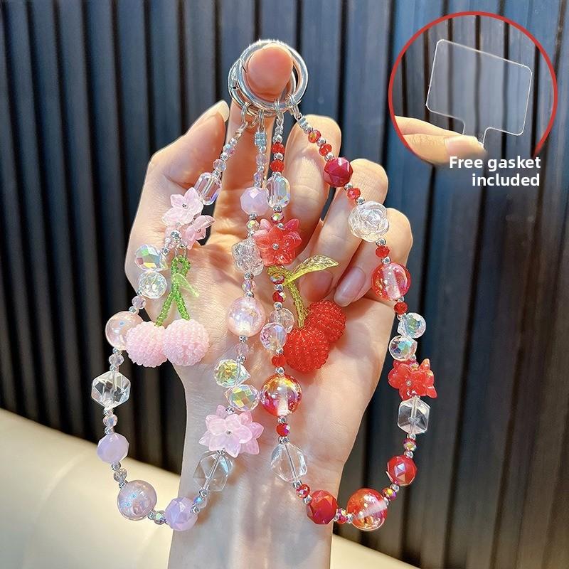 Cherry Beaded Mobile Phone Chain Crystal Bow Key Bag Lanyard Pearl Mobile Phone Lanyard