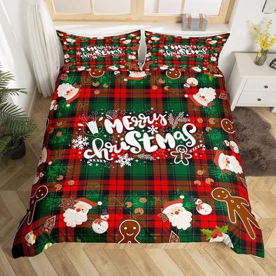 Christmas King Queen Duvet Cover Santa Claus Snowman Bedding Set Red Green Grid Checkered Quilt Cover Polyester Comforter Cover